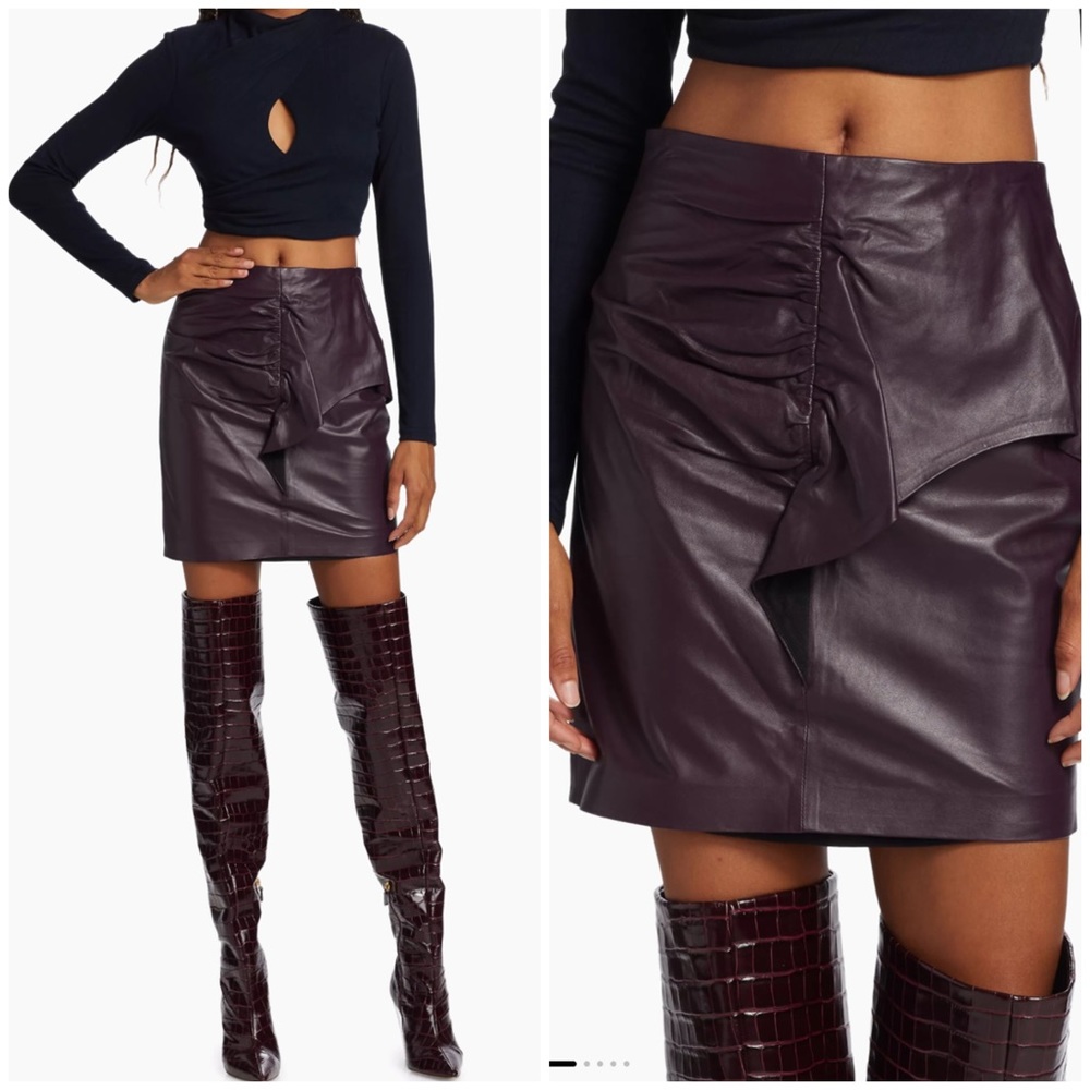 1 LEFT! CLOSET CLOSING IRO Hita Ruffled Leather Mini Skirt Sz 6 (Fr 38) in Berry